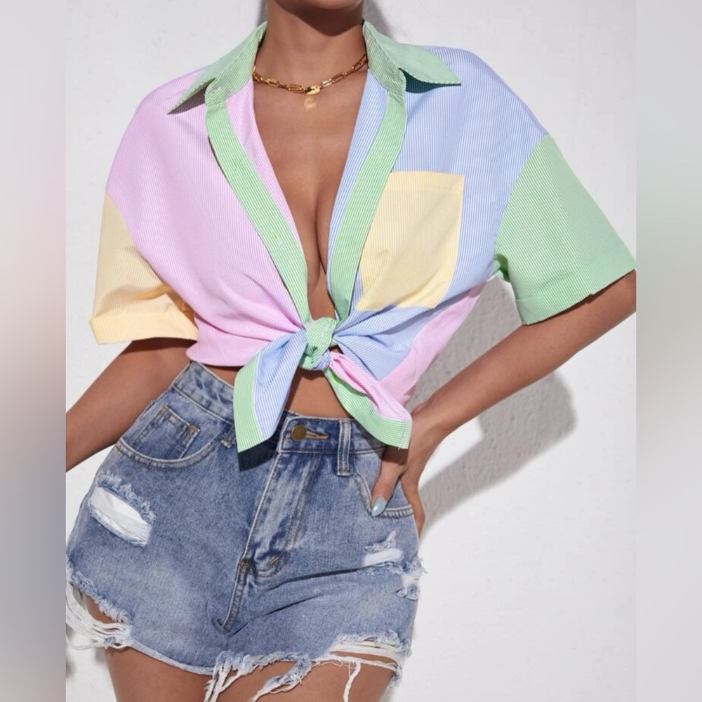 BRAND NEW! Striped Colorblock Drop Shoulder Patch Pocket Shirt; Medium/6